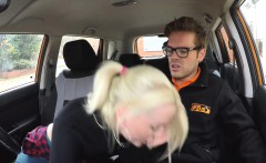 Nasty blonde fucks instructor in his car