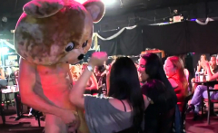 Three Brunette Hair Slots Sucking Knob