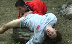 Gay oral junkie makes his mate bust a nut outdoors