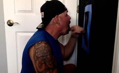 Mature DILF gobbling gloryhole cock