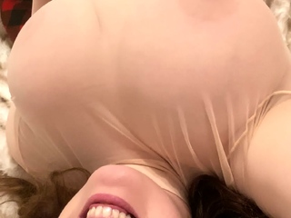 Busty curly brunette with big boobs fucks on couch