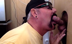 Gloryhole DILF fucked by chubby in sling