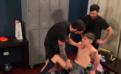 Latino fucked in locker room DILF 3some