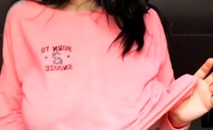 Busty curly brunette with big boobs fucks on couch