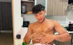 Stripping twink latino boy and oiling muscles