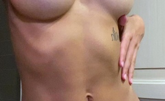 Brunette amateur babe strips off and masturbates